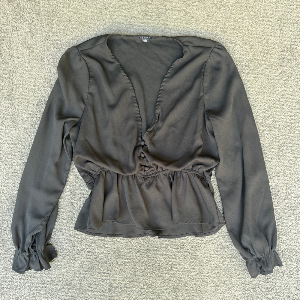 Papaya Womens Black Peplum Blouse Long Sleeve V-Neck Ruffle Cuff Top KT72511 L